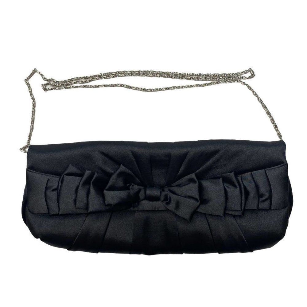 Black Satin Bow Front Clutch Evening Bag Purse